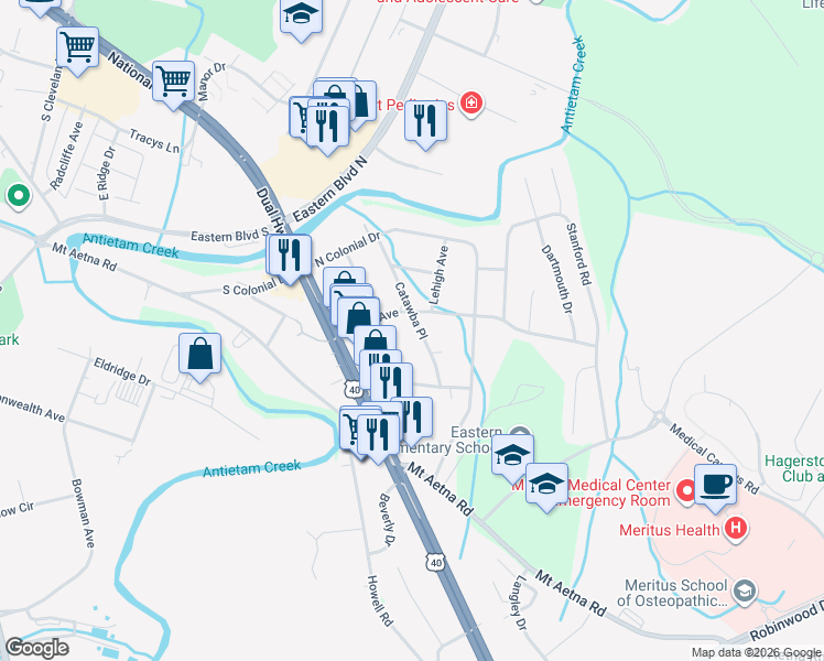 map of restaurants, bars, coffee shops, grocery stores, and more near 112 Catawba Place in Hagerstown