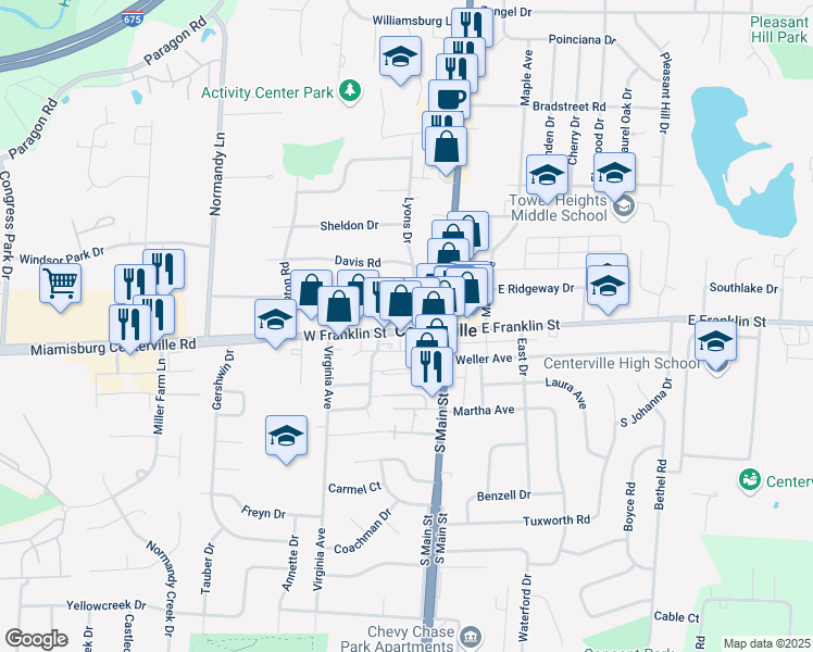 map of restaurants, bars, coffee shops, grocery stores, and more near 43 West Franklin Street in Centerville