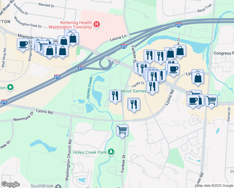 map of restaurants, bars, coffee shops, grocery stores, and more near 1551 Causeway Drive in Dayton