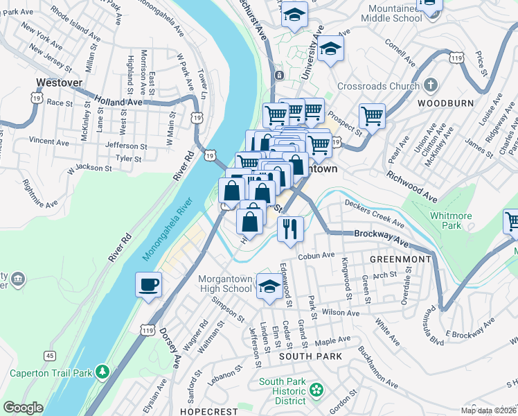 map of restaurants, bars, coffee shops, grocery stores, and more near 141 High Street in Morgantown