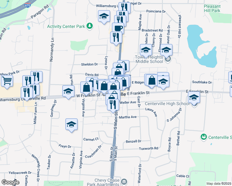 map of restaurants, bars, coffee shops, grocery stores, and more near 1 North Main Street in Centerville