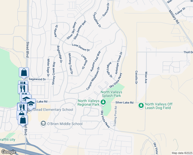 map of restaurants, bars, coffee shops, grocery stores, and more near 9604 Canyon Meadows Drive in Reno