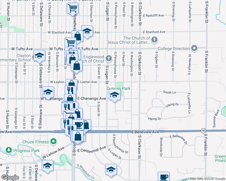 map of restaurants, bars, coffee shops, grocery stores, and more near 4841 South Pennsylvania Street in Englewood