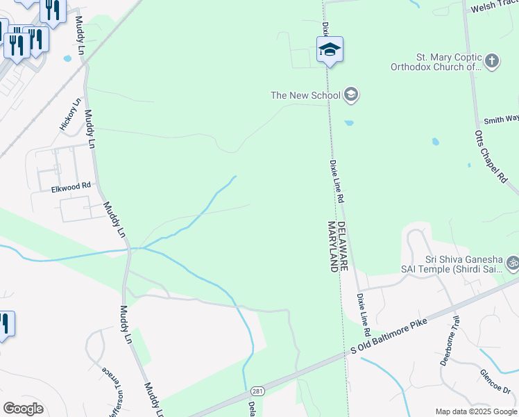 map of restaurants, bars, coffee shops, grocery stores, and more near 264 Muddy Lane in Elkton