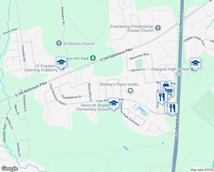 map of restaurants, bars, coffee shops, grocery stores, and more near 143 Autumn Horseshoe Bend in Newark