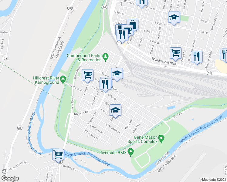 map of restaurants, bars, coffee shops, grocery stores, and more near 29 East Offut Street in Cumberland