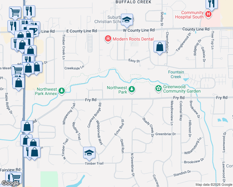 map of restaurants, bars, coffee shops, grocery stores, and more near 1382 Fry Road in Greenwood