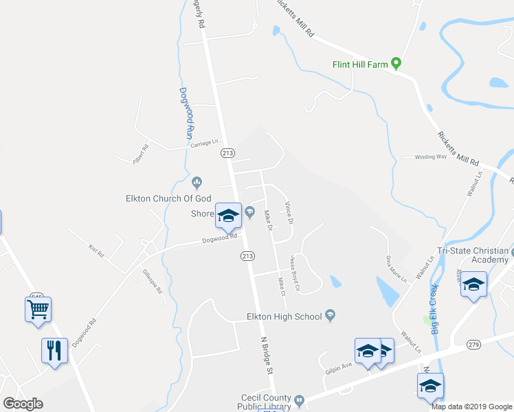 map of restaurants, bars, coffee shops, grocery stores, and more near 14 Kina Court in Elkton