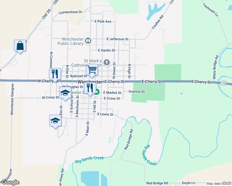 map of restaurants, bars, coffee shops, grocery stores, and more near 240 E Market St in Winchester