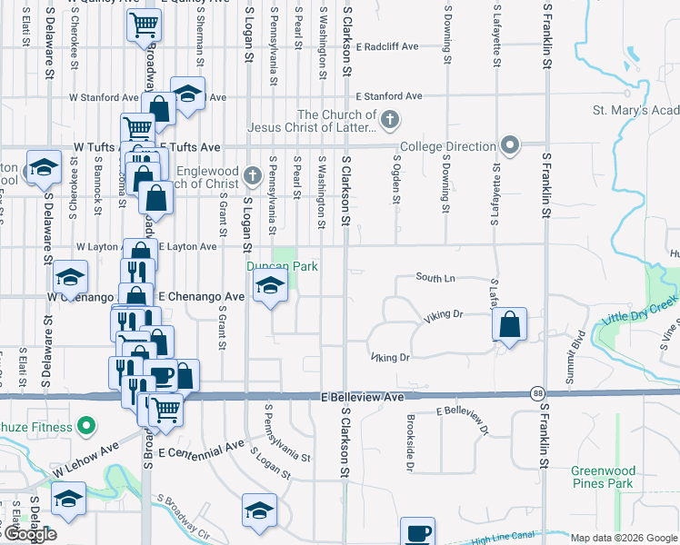 map of restaurants, bars, coffee shops, grocery stores, and more near 4841 South Clarkson Street in Englewood
