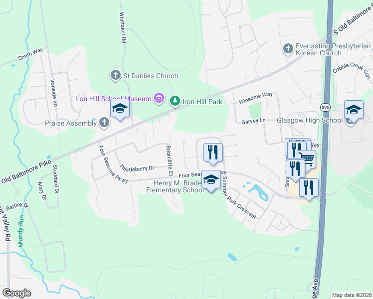 map of restaurants, bars, coffee shops, grocery stores, and more near 105 Halloween Run in Newark