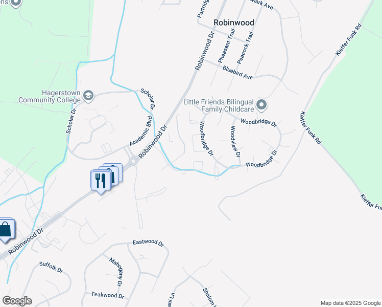 map of restaurants, bars, coffee shops, grocery stores, and more near 11418 Fawnbridge Drive in Hagerstown