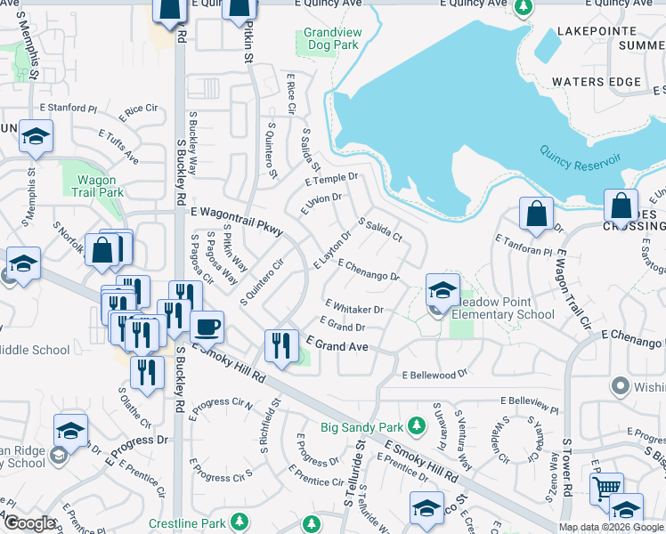 map of restaurants, bars, coffee shops, grocery stores, and more near 17410 East Whitaker Drive in Aurora