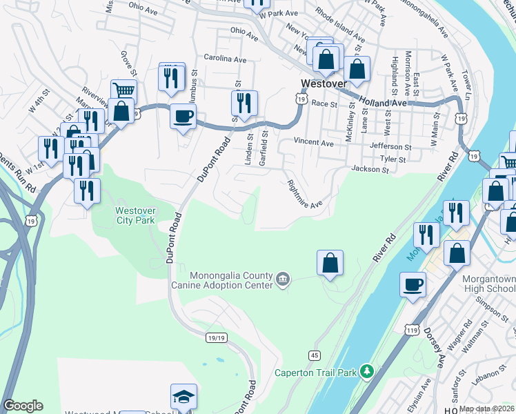 map of restaurants, bars, coffee shops, grocery stores, and more near 125 Auburn Drive in Morgantown