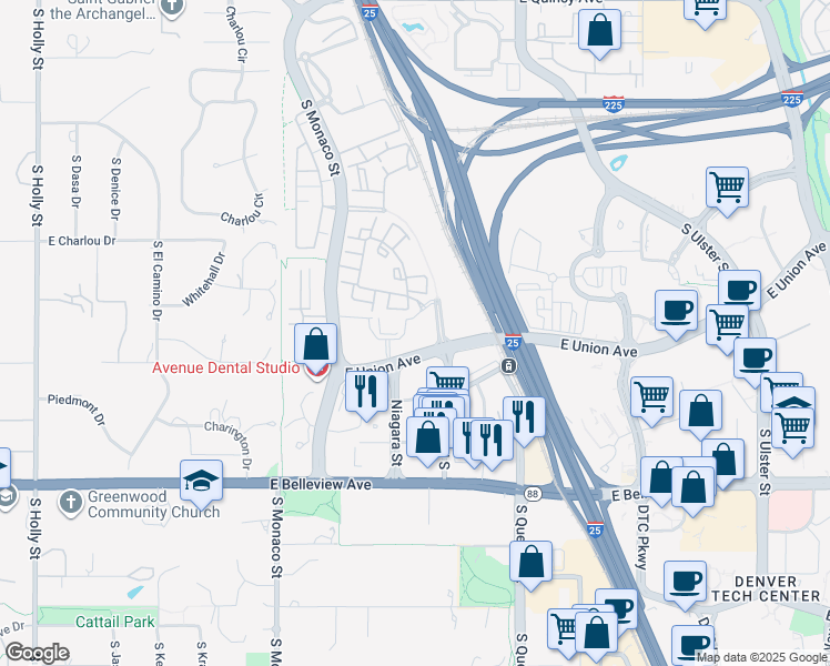 map of restaurants, bars, coffee shops, grocery stores, and more near 6715 East Union Avenue in Denver