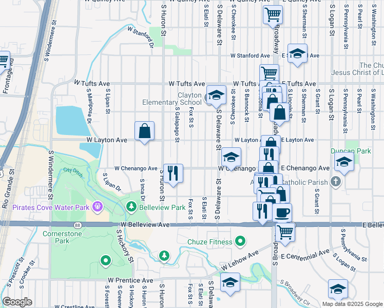 map of restaurants, bars, coffee shops, grocery stores, and more near 4857 South Fox Street in Englewood