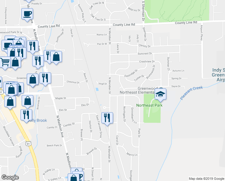 map of restaurants, bars, coffee shops, grocery stores, and more near 611 North Meridian Street in Greenwood