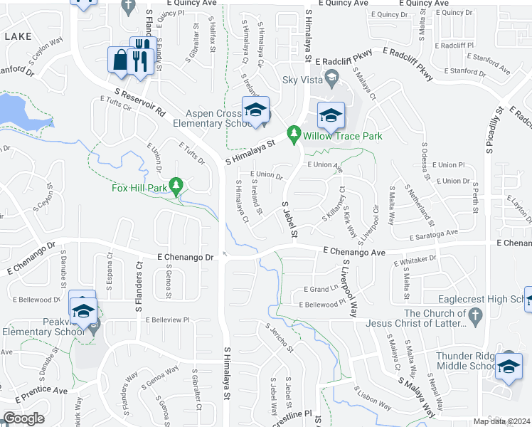 map of restaurants, bars, coffee shops, grocery stores, and more near 4846 South Ireland Street in Aurora
