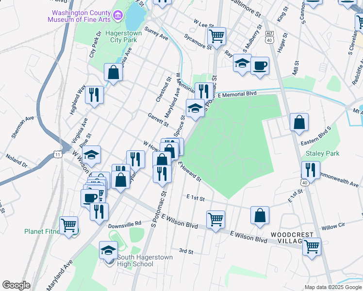 map of restaurants, bars, coffee shops, grocery stores, and more near 775 South Potomac Street in Hagerstown
