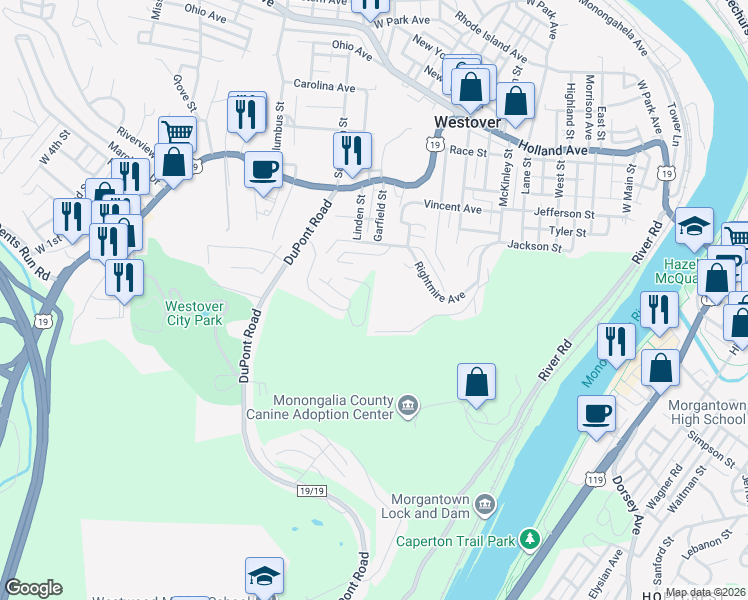 map of restaurants, bars, coffee shops, grocery stores, and more near 125 Auburn Drive in Morgantown