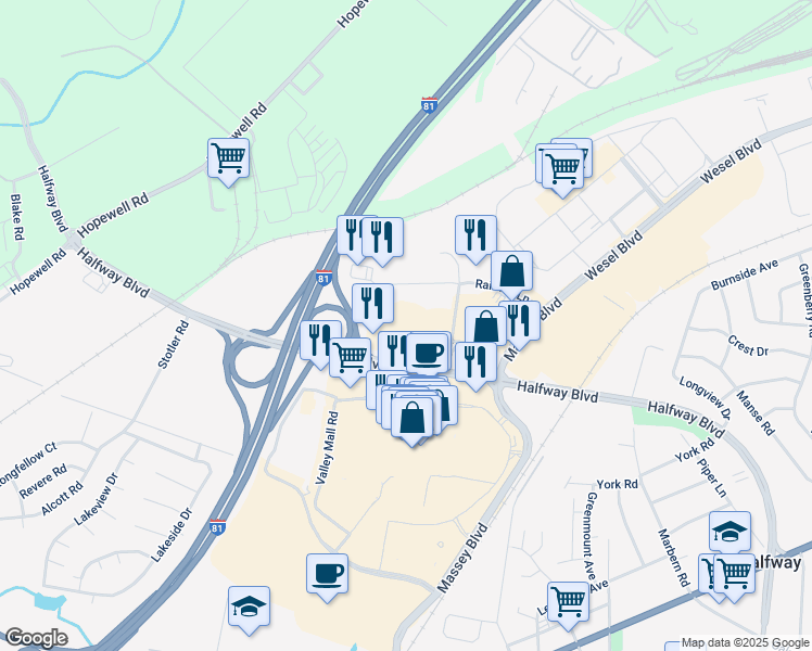 map of restaurants, bars, coffee shops, grocery stores, and more near 1716 Underpass Way in Hagerstown