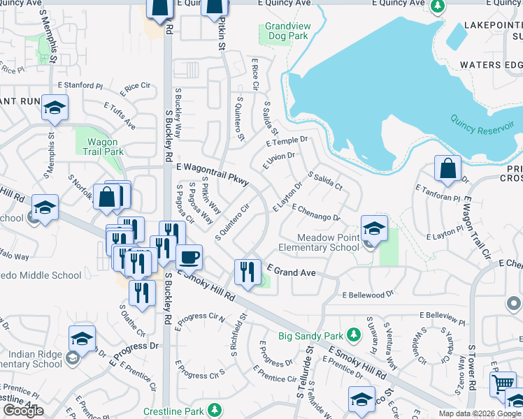map of restaurants, bars, coffee shops, grocery stores, and more near 17296 East Wagontrail Parkway in Aurora