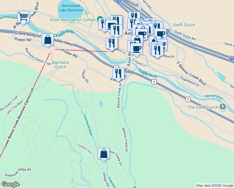 map of restaurants, bars, coffee shops, grocery stores, and more near 159 Beaver Creek Drive in Avon