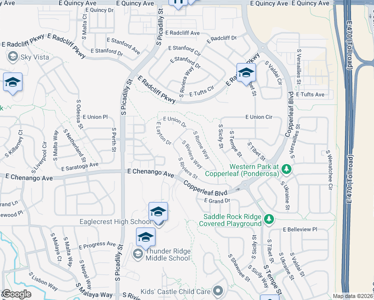 map of restaurants, bars, coffee shops, grocery stores, and more near 4834 South Riviera Street in Centennial