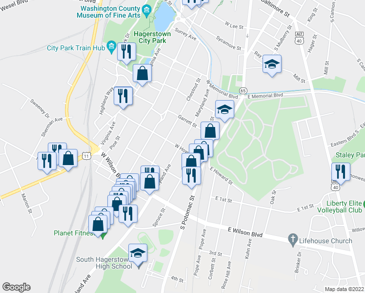 map of restaurants, bars, coffee shops, grocery stores, and more near 128 West Howard Street in Hagerstown