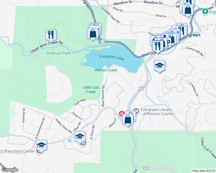 map of restaurants, bars, coffee shops, grocery stores, and more near 4835 South Pine Road in Evergreen
