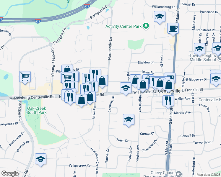 map of restaurants, bars, coffee shops, grocery stores, and more near 7950 Normandy Lane in Dayton