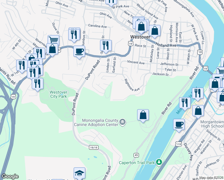 map of restaurants, bars, coffee shops, grocery stores, and more near 125 Auburn Drive in Morgantown