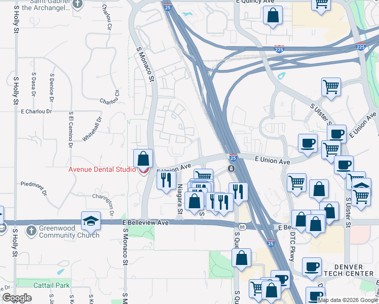 map of restaurants, bars, coffee shops, grocery stores, and more near 6715 East Union Avenue in Denver