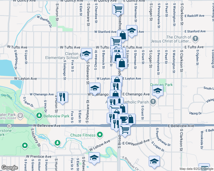 map of restaurants, bars, coffee shops, grocery stores, and more near 4801 South Acoma Street in Englewood