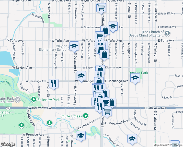 map of restaurants, bars, coffee shops, grocery stores, and more near 4881 South Acoma Street in Englewood