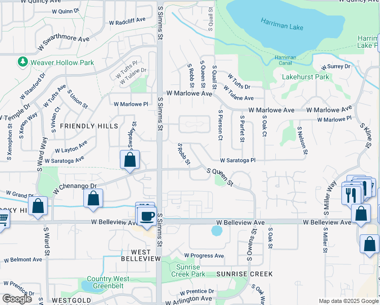 map of restaurants, bars, coffee shops, grocery stores, and more near 4839 South Queen Street in Littleton