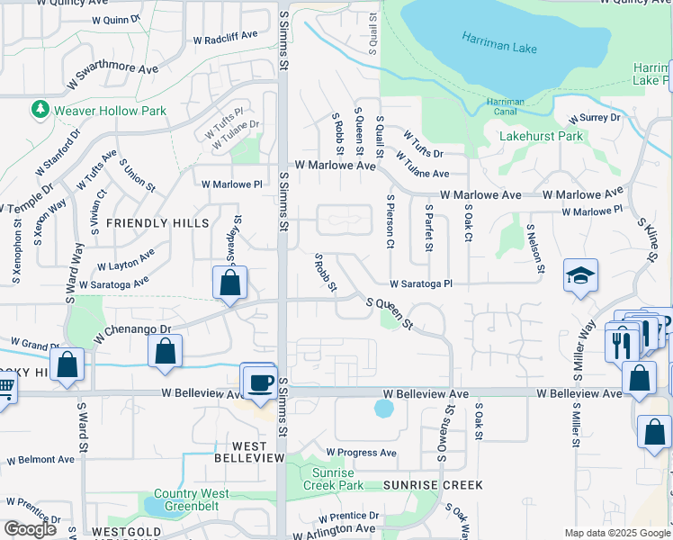 map of restaurants, bars, coffee shops, grocery stores, and more near 4839 South Queen Street in Littleton