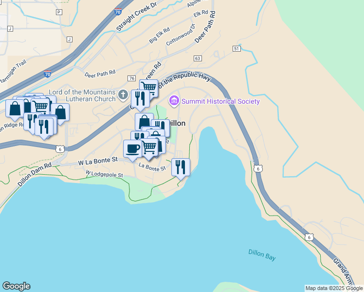 map of restaurants, bars, coffee shops, grocery stores, and more near 220 La Bonte Street in Dillon