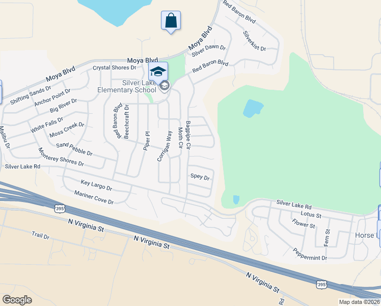 map of restaurants, bars, coffee shops, grocery stores, and more near 7496 Hebrides Court in Reno