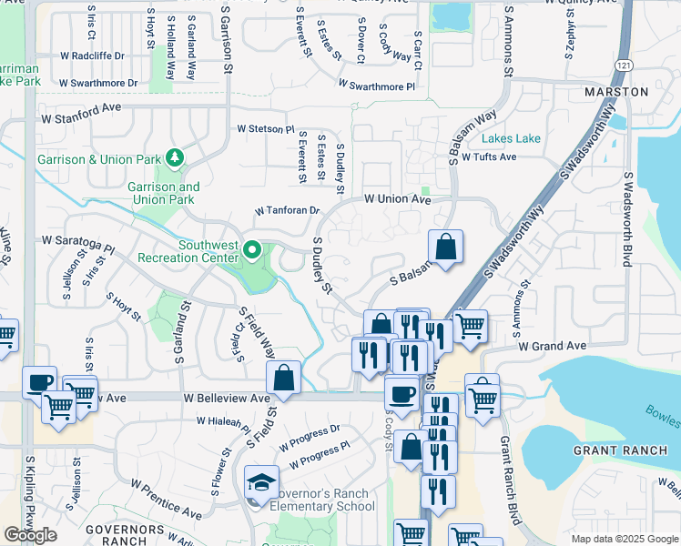 map of restaurants, bars, coffee shops, grocery stores, and more near 4896 South Dudley Street in Littleton