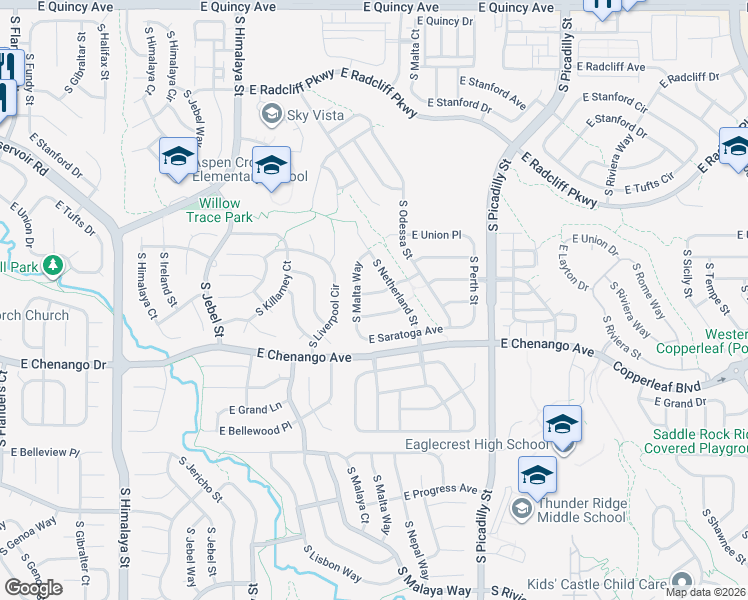 map of restaurants, bars, coffee shops, grocery stores, and more near 21127 East Layton Lane in Aurora