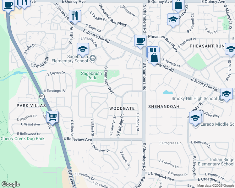 map of restaurants, bars, coffee shops, grocery stores, and more near 4784 South Evanston Way in Aurora