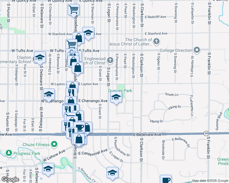 map of restaurants, bars, coffee shops, grocery stores, and more near 4841 South Pennsylvania Street in Englewood