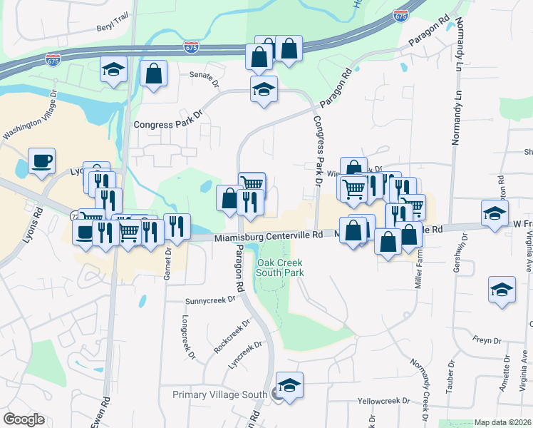 map of restaurants, bars, coffee shops, grocery stores, and more near 7647 Paragon Commons Circle in Dayton