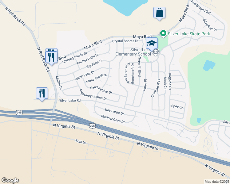 map of restaurants, bars, coffee shops, grocery stores, and more near 7871 Sand Pebble Drive in Reno