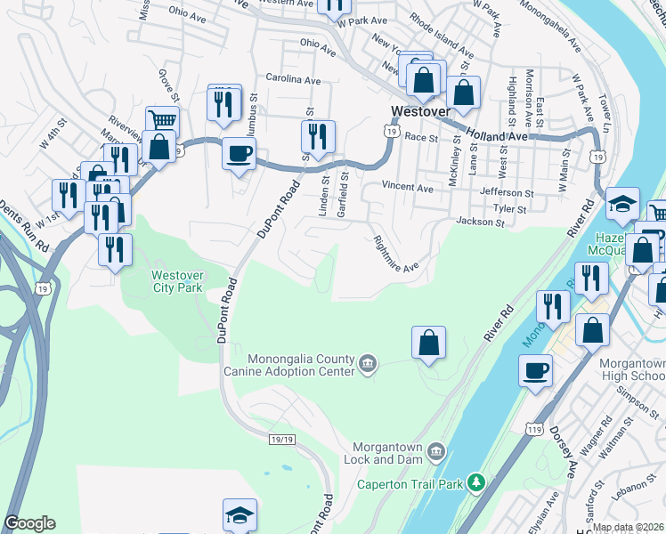 map of restaurants, bars, coffee shops, grocery stores, and more near 125 Auburn Drive in Morgantown