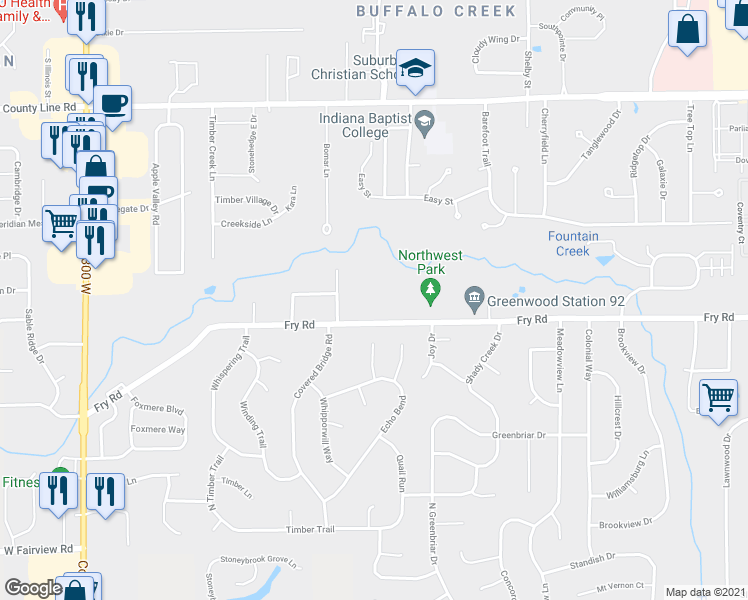 map of restaurants, bars, coffee shops, grocery stores, and more near 1404 Fry Rd in Greenwood