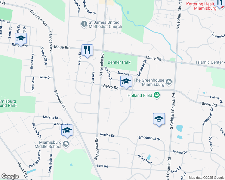 map of restaurants, bars, coffee shops, grocery stores, and more near 1610 Belvo Road in Miamisburg
