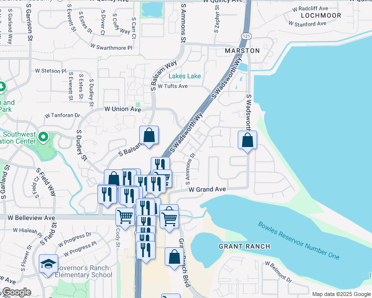 map of restaurants, bars, coffee shops, grocery stores, and more near 4825 South Ammons Street in Denver