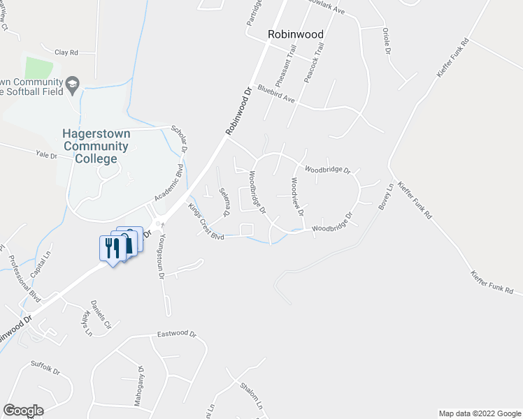 map of restaurants, bars, coffee shops, grocery stores, and more near Woodbridge Dr & Fawnbridge Dr in Robinwood